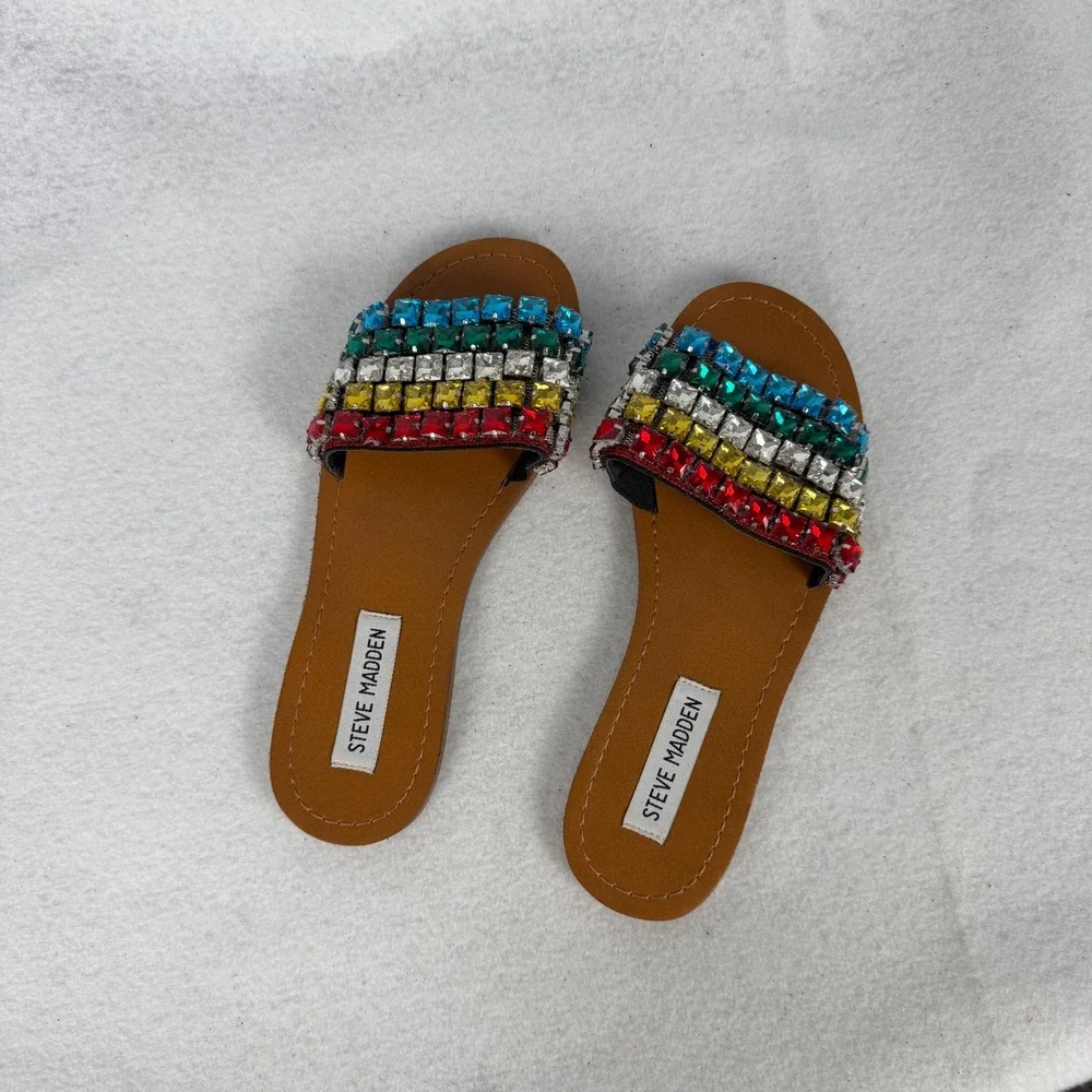Steve Madden Serenade Slide Sandals Womens 6M‎ Rainbow Rhinestone Multi Color